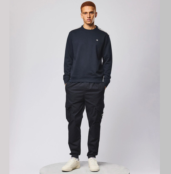 Weekend Offender Beida Mid House Check Panel Sweatshirt in Navy -  Model Full Length