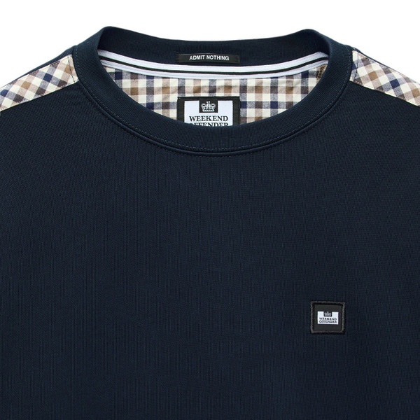 Weekend Offender Beida Mid House Check Panel Sweatshirt in Navy -  Close Up Collar
