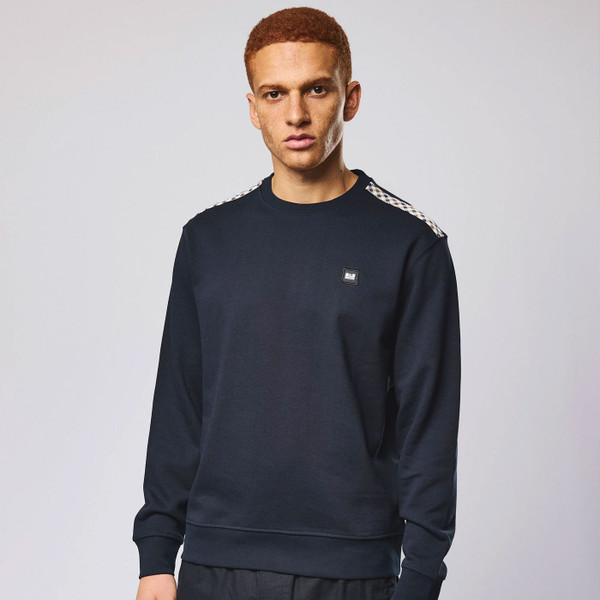 Man wearing Weekend Offender Beida House Check Panel Sweatshirt in Navy