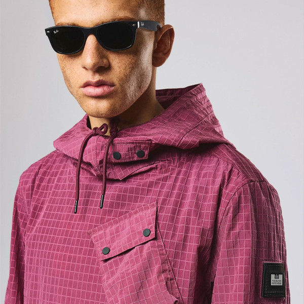 Collar and hood on Weekend Offender Grohl Overhead Men's Ripstop Hooded Jacket in Kirsch