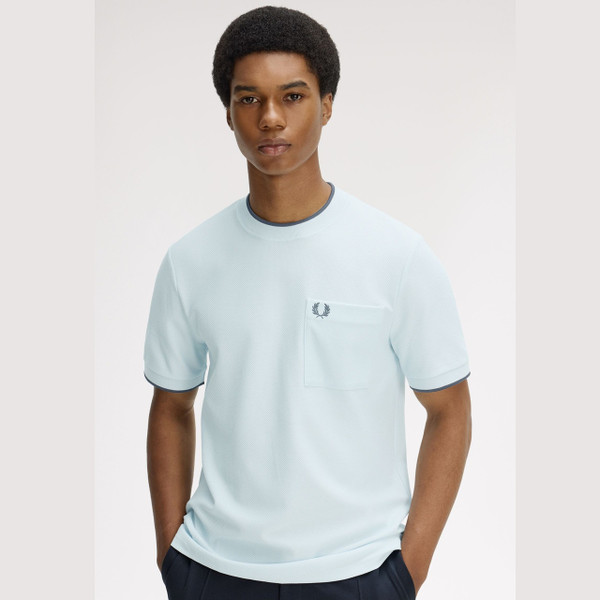 Fred Perry Men's Pocket Detail Pique Tee in Light Ice - Model Front Close Up