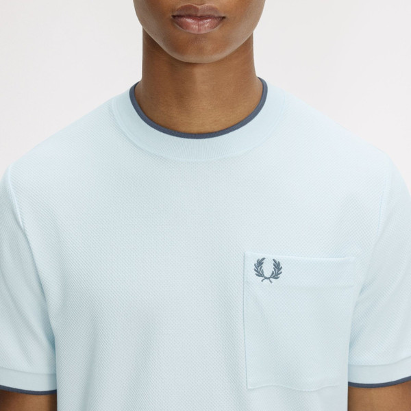 Fred Perry Men's Pocket Detail Pique Tee in Light Ice - Chest  Close Up