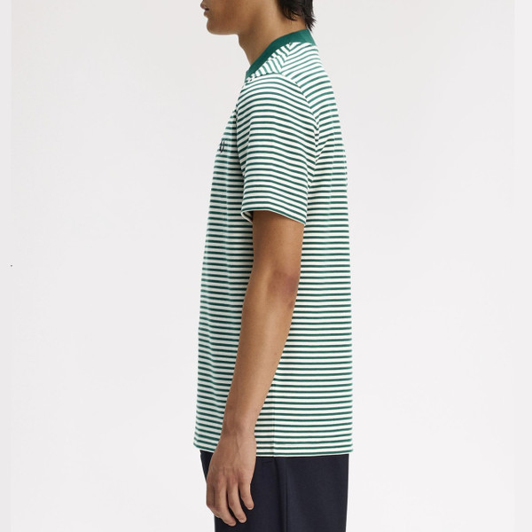 Fred Perry Fine Stripe Heavyweight T-shirt in Sport Green - Model Side On