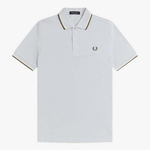 Fred Perry M3600 Mod Twin Tipped Polo Shirt in Dusky Blue/Ecru/Green - Front Image Flat Main