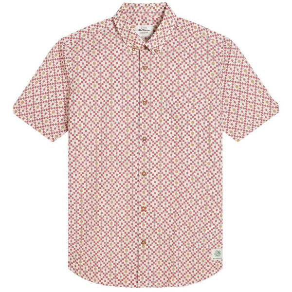 Ben Sherman Men's Retro Button Down Short Sleeve Festival Geo Print Shirt in Rose