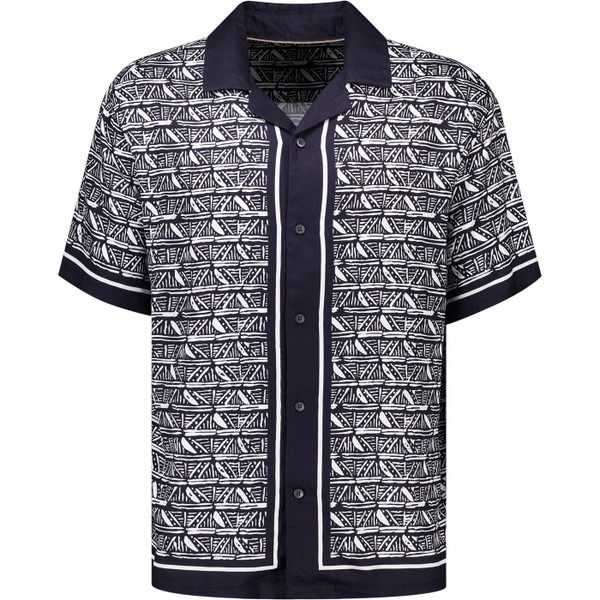 French Connection Mens Hand Drawn Pattern Holiday Short Sleeve Panelled Cuban Shirt in Navy