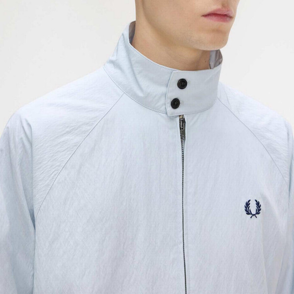 Fred Perry Men's Mod Crinkle Harrington Jacket in Dusky Blue - Laurel Detail and Fabric Close Up