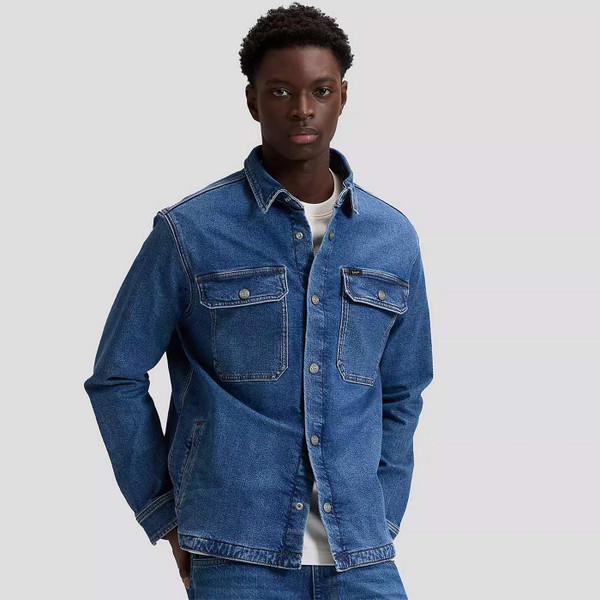 Model Wearing the Lee Men's Retro Denim 2 Pocket Overshirt in Belmont Blue