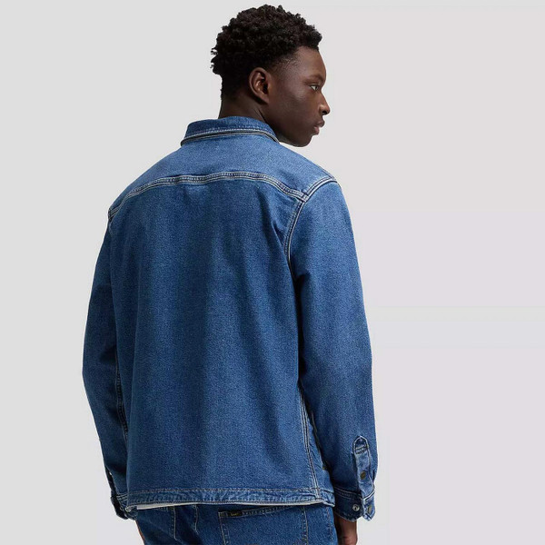Model Wearing the Lee Men's Retro Denim 2 Pocket Overshirt in Belmont Blue - Back View