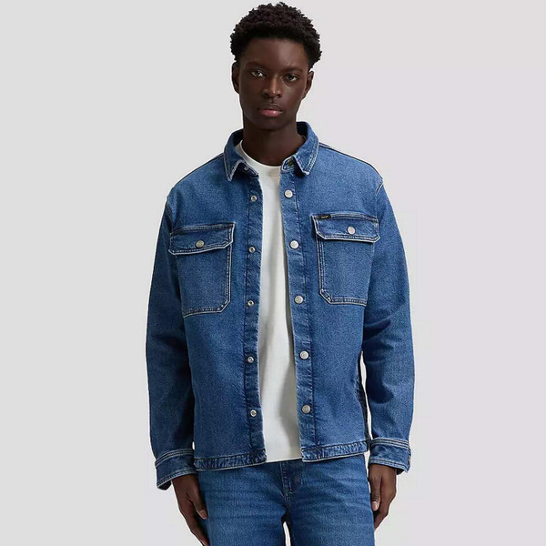 Model Wearing the Lee Men's Retro Denim 2 Pocket Overshirt in Belmont Blue - Front View
