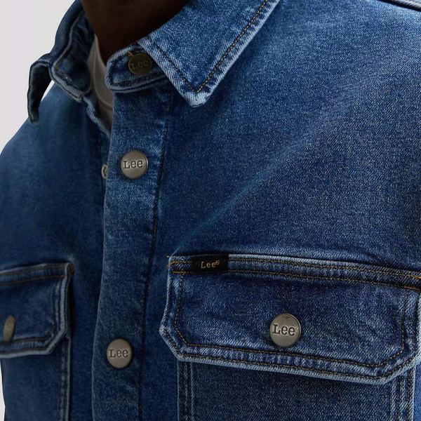 Model Wearing the Lee Men's Retro Denim 2 Pocket Overshirt in Belmont Blue - Pocket Detail
