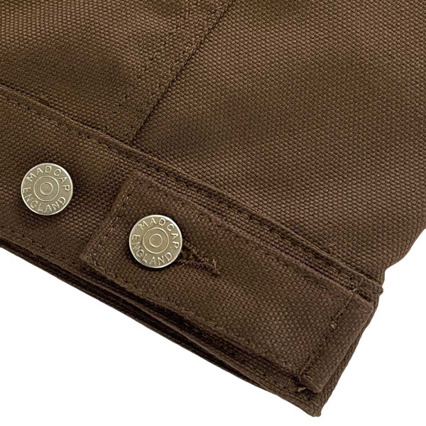 Madcap England Woburn Hopsack Men's 1960s Mod Western Trucker Jacket in Cocoa Brown - Side Tab Detail