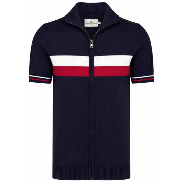 Madcap England Sanremo Men's Mod Stripe Panel Zip Through Knitted Cycling Top in Navy Blazer - Collar Folded Down
