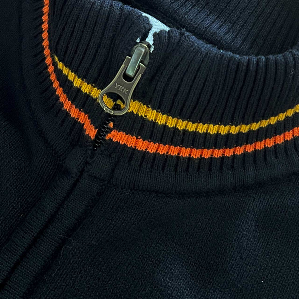 Madcap England Sanremo 60s Mod Knitted Zip Through Chest Stripe Cycling Top in Black - Collar Tipping