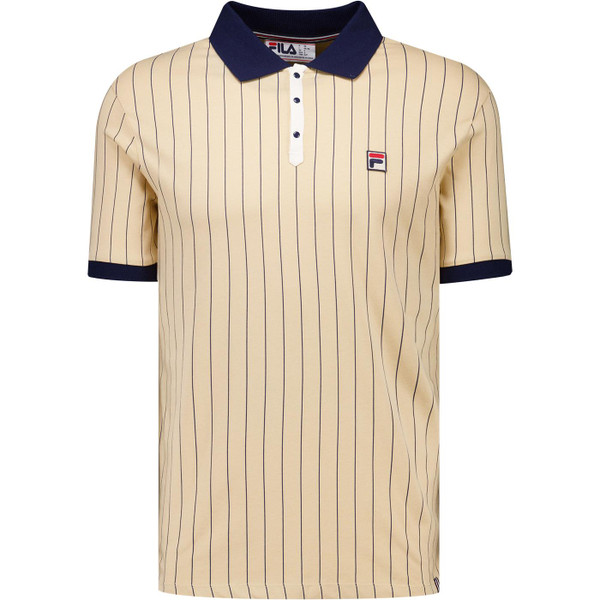 Fila Vintage Mens BB1 Classic Pinstripe Jersey Polo T-shirt in Beige and Navy