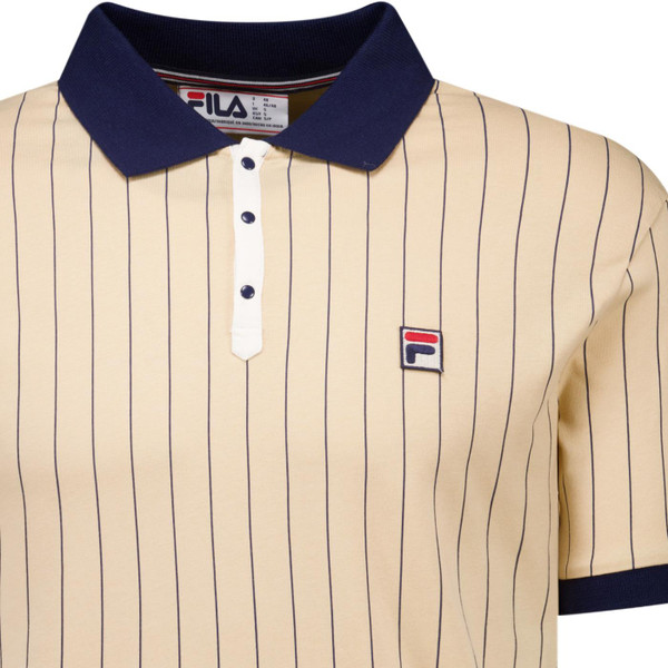 Fila Vintage Mens BB1 Classic Pinstripe Jersey Polo T-shirt in Beige and Navy