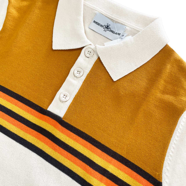 Madcap England Retro Rewind Men's 1970s Mod Chest Stripe Colour Block Knitted Polo Shirt in Birch - Collar Detail