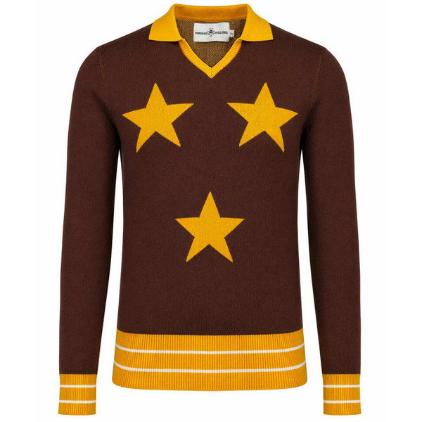 Madcap England KTF Men's Mod Three Star Northern Soul Skipper Neck Knitted Polo Shirt in Potting Soil