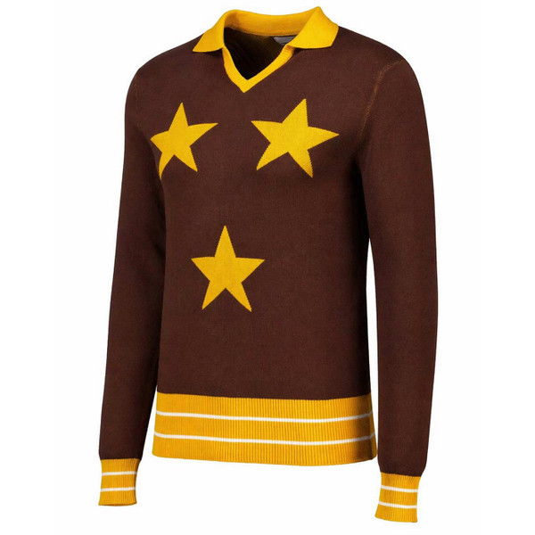 Madcap England KTF Men's Mod Three Star Northern Soul Skipper Neck Knitted Polo Shirt in Potting Soil - Side View