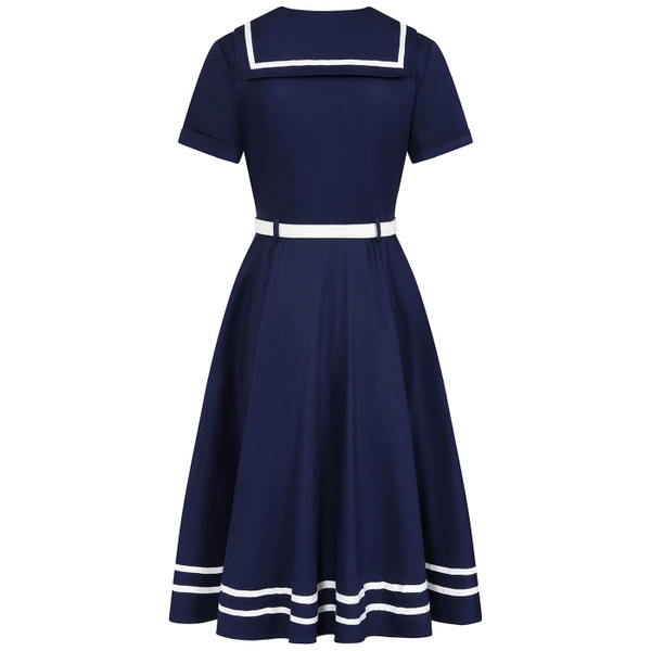 Back of Banned Retro Ambra Retro Nautical Swing Dress in Navy