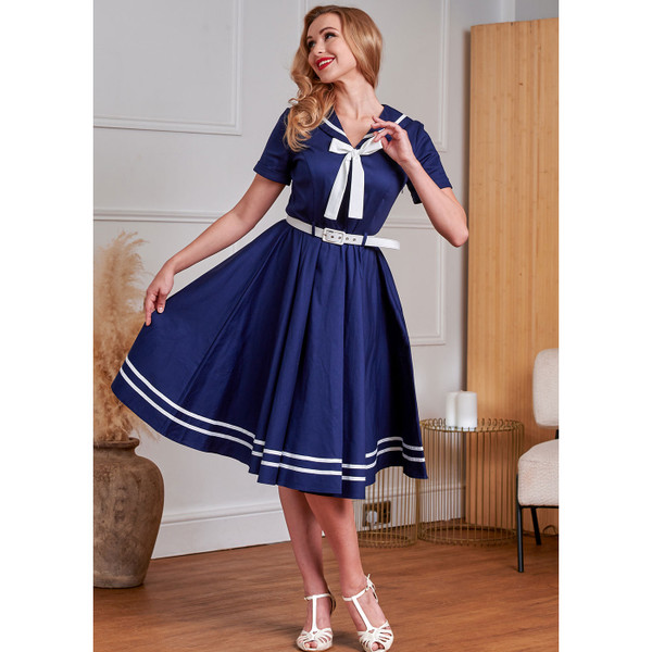Woman wearing Banned Retro Ambra Retro Nautical Swing Dress in Navy