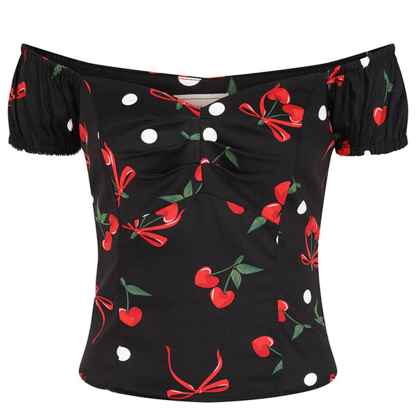 Banned Retro Babe Cherries & Bows Retro 50s Fitted Top in Black
