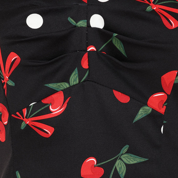 Fabric detail on Banned Retro Babe Cherries & Bows Retro 50s Fitted Top in Black
