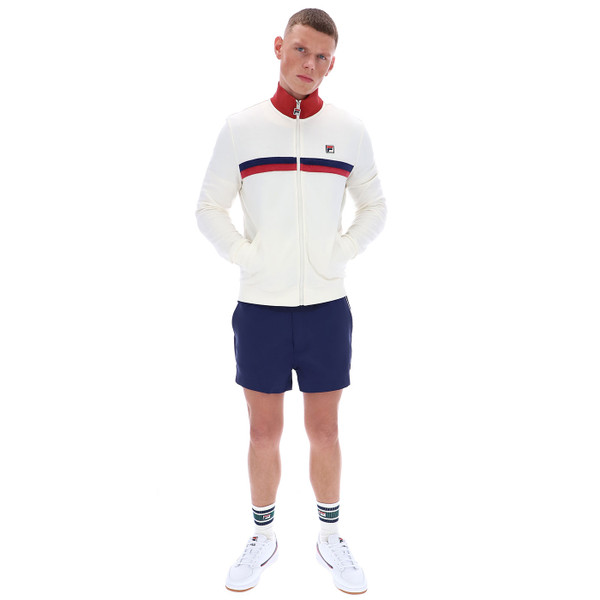 Full length photo of Fila Vintage Enrico Terry Stripe Retro Track Jacket in Gardenia Off White