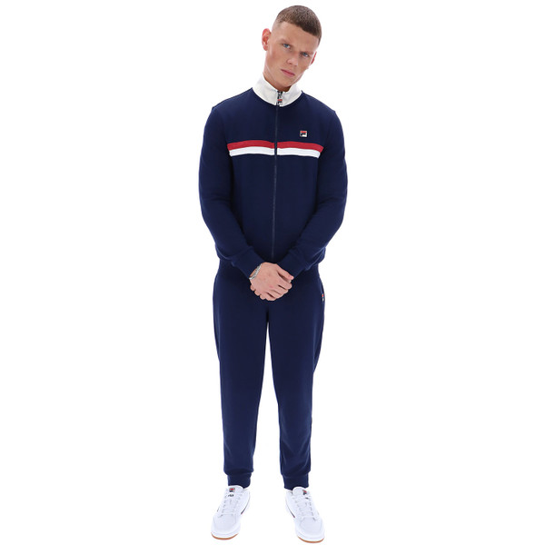 Full length photo of Fila Vintage Enrico Retro Terry Stripe Track Jacket in Navy