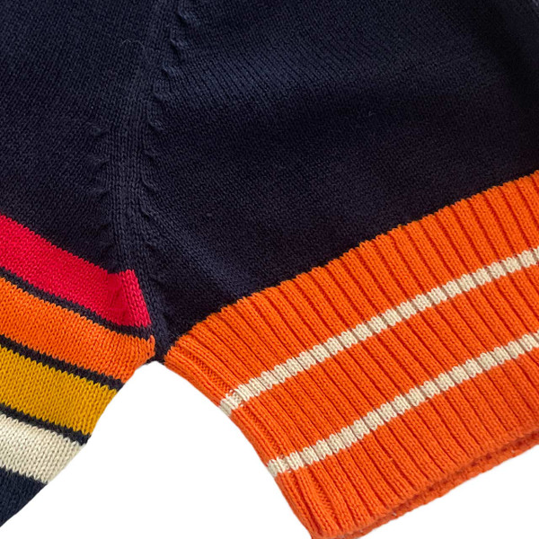 Madcap England Women's Retro Northern Soul Gradient Stripe Knitted Skipper Neck Dress in Navy Blazer - Cuff Detail