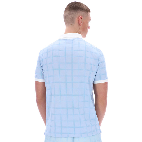 Back of Fila Vintage Ignazio Tennis Tonal Check Polo Shirt in Skyway Blue
