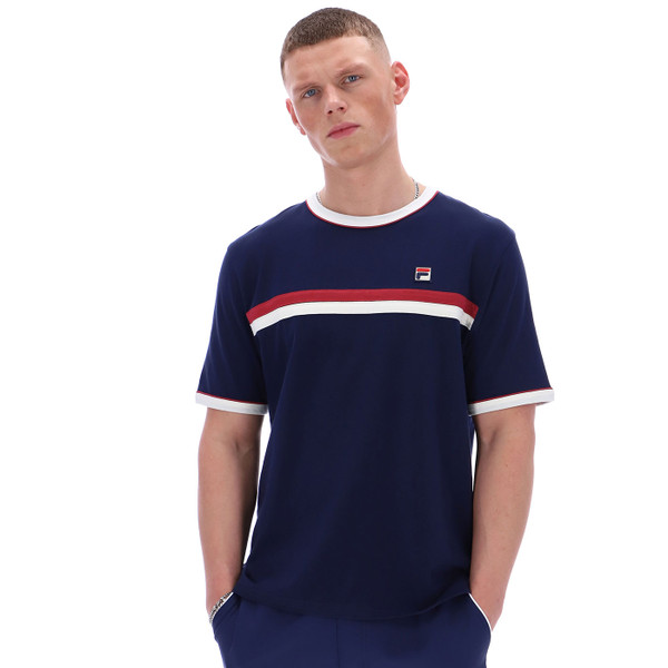Man wearing Fila Vintage Rosario Double Stripe 70s Retro Ringer T-Shirt in Navy