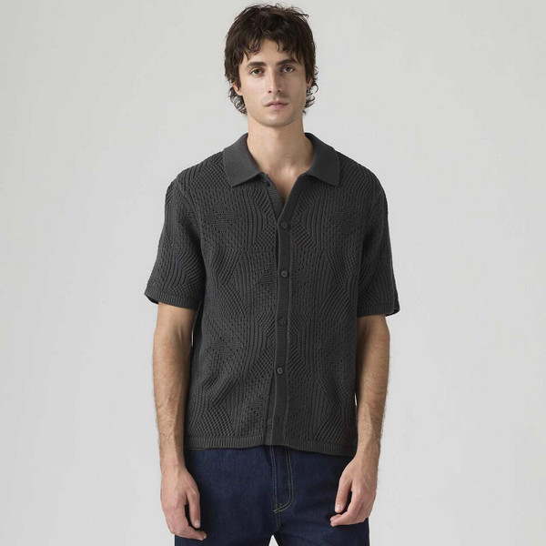 Model Wearing the Levi's Men's Retro 70s Textured Pointelle Knit Shirt in Phantom