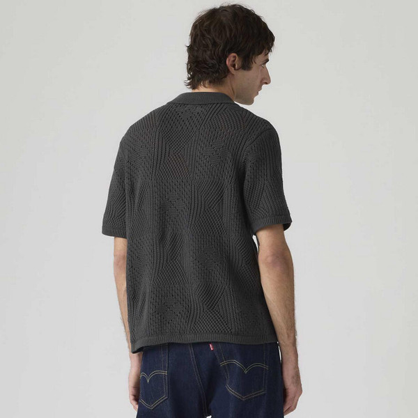 Model Wearing the Levi's Men's Retro 70s Textured Pointelle Knit Shirt in Phantom - Back View