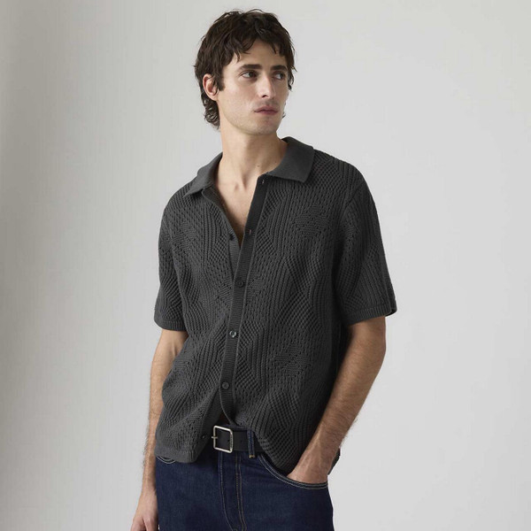 Model Wearing the Levi's Men's Retro 70s Textured Pointelle Knit Shirt in Phantom - Side View
