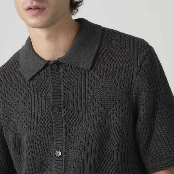 Model Wearing the Levi's Men's Retro 70s Textured Pointelle Knit Shirt in Phantom - Close Up