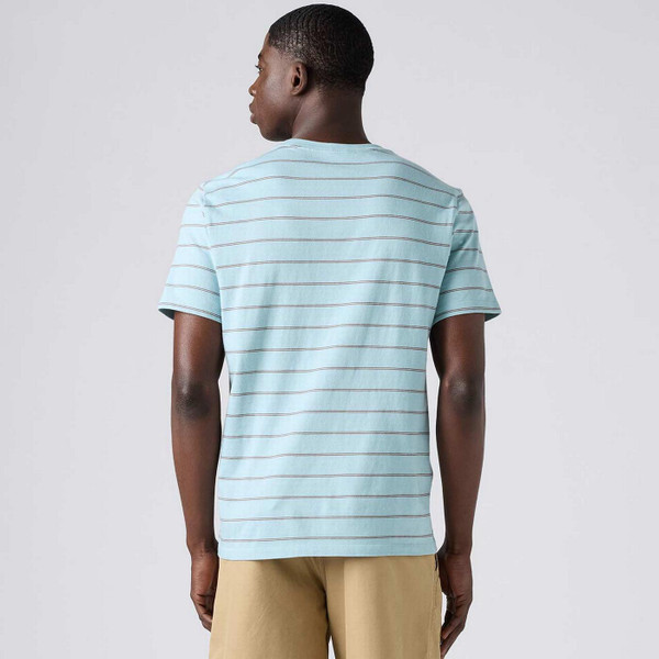 Model Wearing the Levi's Men's Retro 80s Taper Stripe Crew Neck T-shirt in Sky Blue - Back View