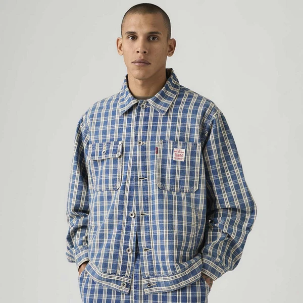 Model Wearing Levi's Sunrise Men's Retro 80s Workwear Denim Trucker Jacket in Summer Check - Front View