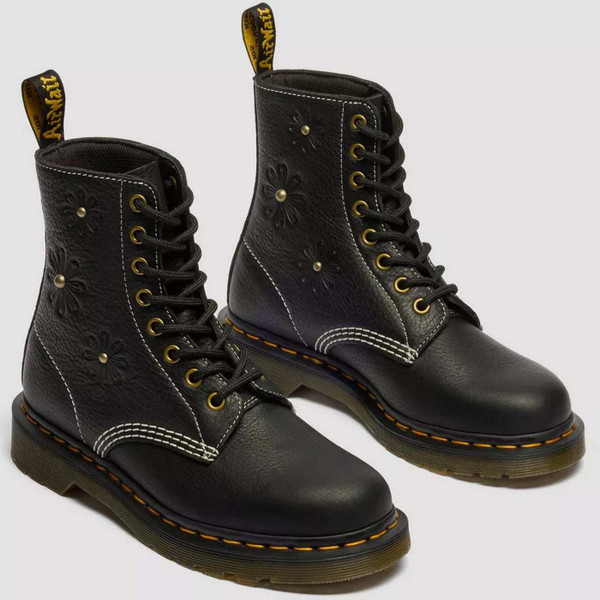 Dr Martens Women's 1460 Pascal Flower Retro Grizzly Leather Boots in Black - Both Boots Front and Side Facing