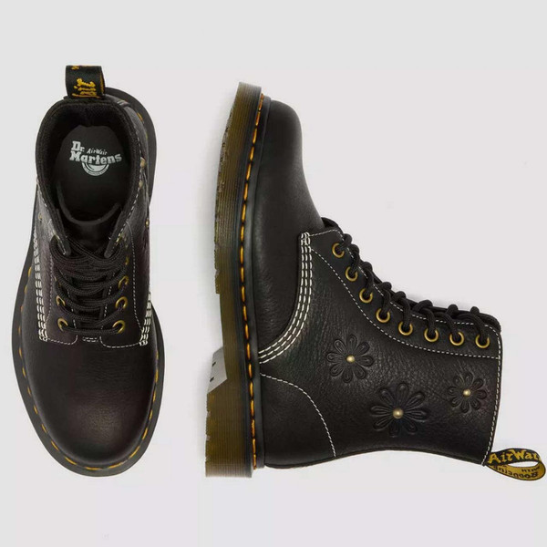 Dr Martens Women's 1460 Pascal Flower Retro Grizzly Leather Boots in Black - Overhead View