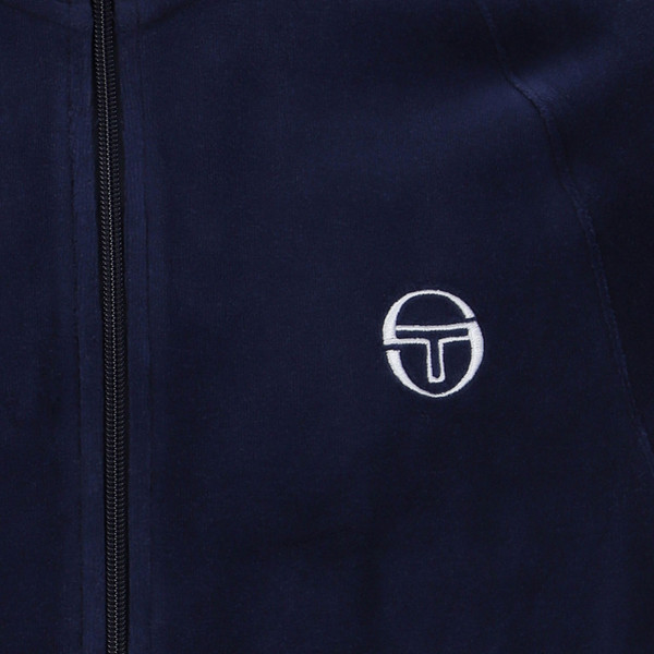 Logo on chest of Sergio Tacchini Tasso Retro Velour Track Top in Navy Blue