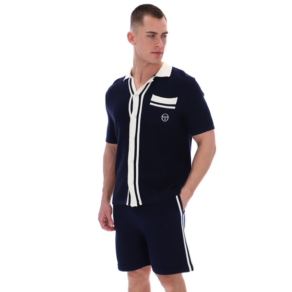 Man wearing Sergio Tacchini Mens Fratelli Crochet Button Front Resort Shirt in Maritime Blue