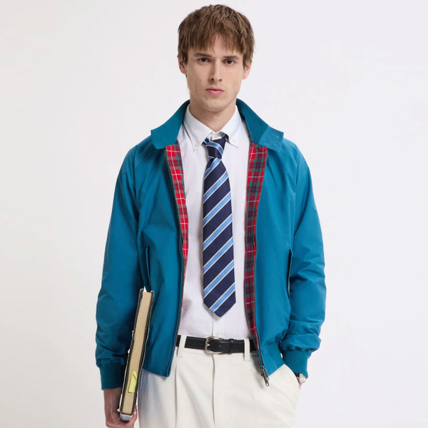 Man wearing Baracuta G9 Mod Made in England Harrington in Cornish Blue