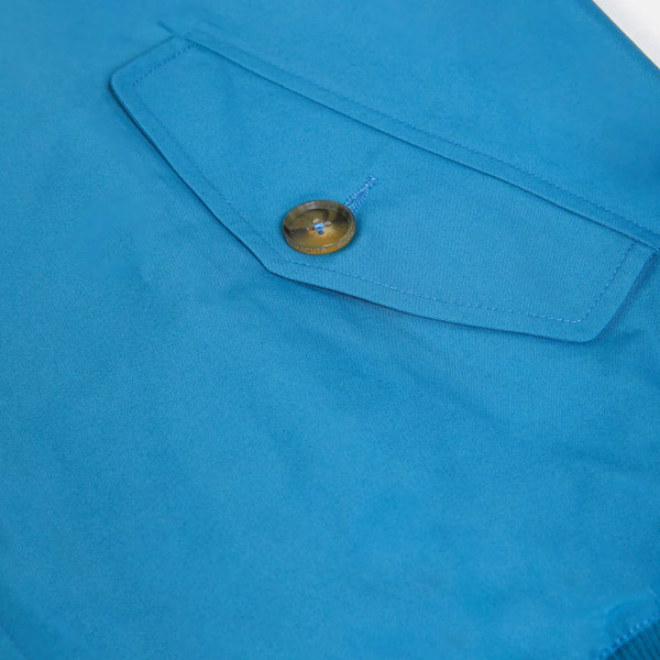 Pocket with button on Baracuta G9 Mod Made in England Harrington in Cornish Blue