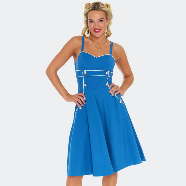 Voodoo Vixen Nautical Sleeveless Button Detail Flare Dress in Blue - Main Image Model 