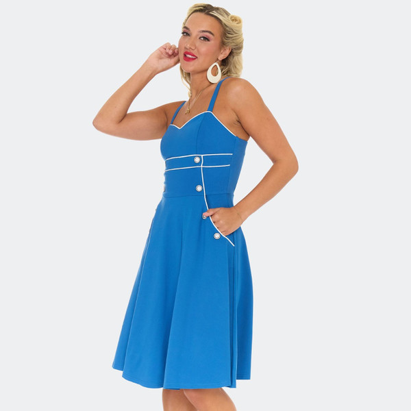 Voodoo Vixen Nautical Sleeveless Button Detail Flare Dress in Blue  - Model Side On