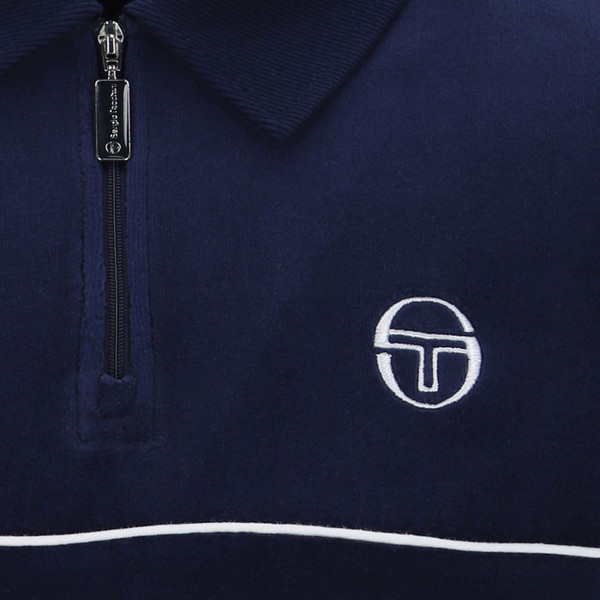 Piping and zip on Sergio Tacchini Cardona Velour Zip Neck Polo in Maritime Blue Navy