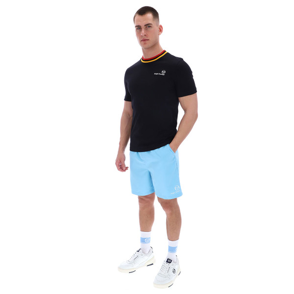 Man wearing Sergio Tacchini Mens Rainer FC Archivio 80s Tipped T-shirt in Black