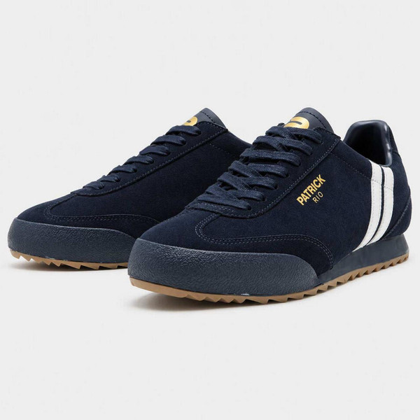 Front of the Patrick Rio Runner Men's Retro 1980s Suede Trainers in Navy and White