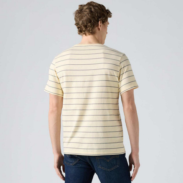 Man Wearing Levi's Men's Retro Housemark Taper Stripe Crew Neck T-shirt in Lemon - Back View